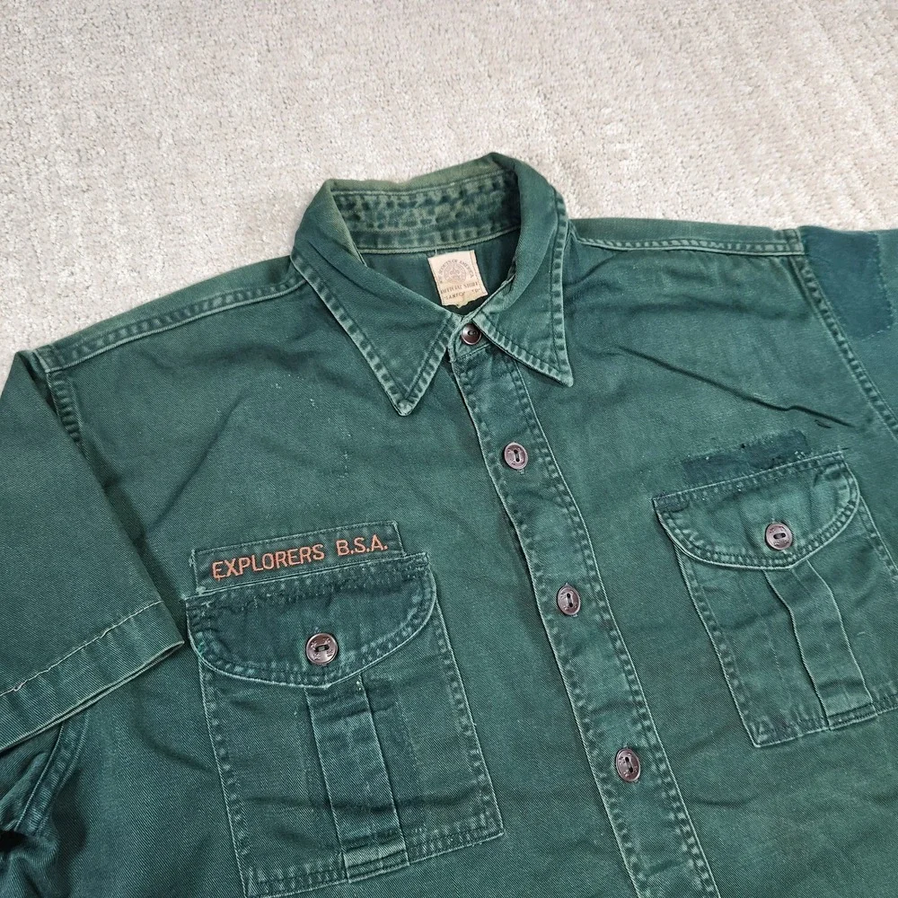 Vintage 50s Boy Scouts Shirt Fits Men L Sanforized Cotton Green Button Up USA